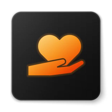 Elde parlayan turuncu neon kalp beyaz arka planda izole edilmiş. El çabukluğu aşk sembolü. Sevgililer Günü sembolü. Siyah kare düğme. Vektör İllüstrasyonu