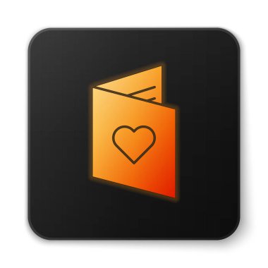 Beyaz arka planda izole edilmiş kalp ikonu olan turuncu parlak neon renkli sevgililer günü broşürü. Kutlama için davetiye ya da tebrik kartı şablonu. Siyah kare düğme. Vektör İllüstrasyonu