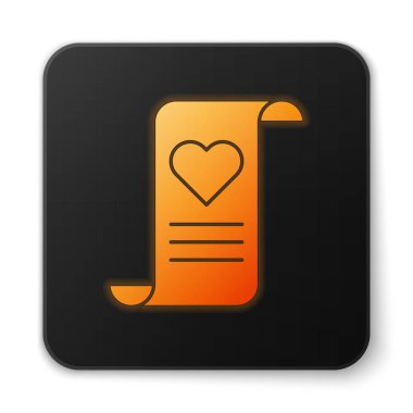 Beyaz arka planda izole edilmiş sevgililer günü kalp ikonu olan turuncu parlak neon renkli zarf. Mesaj aşkım. Aşk ve romantizm mektubu. Siyah kare düğme. Vektör İllüstrasyonu