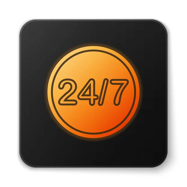 Orange glowing neon Clock 24 hours icon isolated on white background. All day cyclic icon. 24 hours service symbol. Black square button. Vector Illustration — Stock Vector