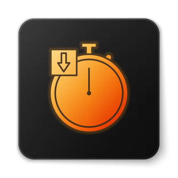 Orange glödande neon Stoppur ikon isolerad på vit bakgrund. Tidtagarskylt. Kronometer. Svart fyrkant. Vektor Illustration — Stock vektor