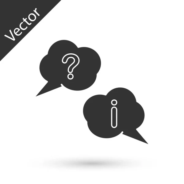 Burbujas grises de voz con icono de pregunta y exclamación aislado sobre fondo blanco. Signo FAQ. Copia archivos, charla burbuja de voz y gráfico. Ilustración vectorial — Vector de stock