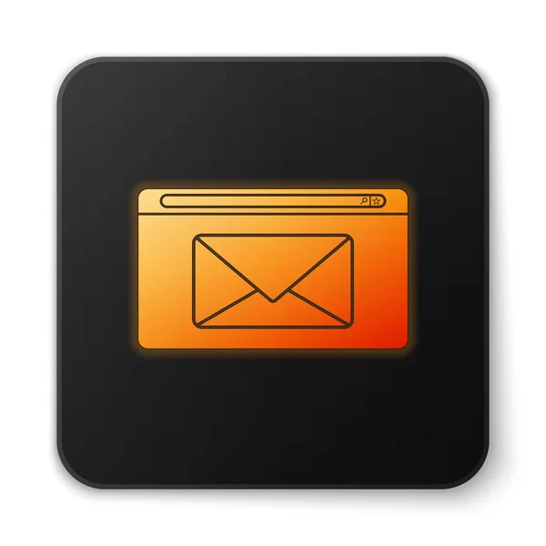 Orange glowing neon Mail and e-mail icon isolated on white background. Envelope symbol e-mail. Email message sign. Black square button. Vector Illustration — 스톡 벡터