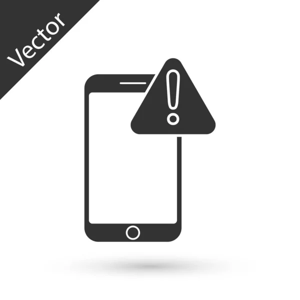 Graues Mobiltelefon mit Ausrufezeichen-Symbol auf weißem Hintergrund. Alarmmeldung Smartphone-Benachrichtigung. Vektorillustration — Stockvektor