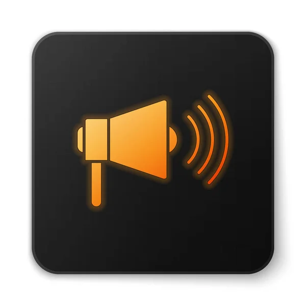 Icono de Megáfono de neón brillante naranja aislado sobre fondo blanco. Fuerte concepto de alerta de voz. Bullhorn para promoción de grito de boquilla. Botón cuadrado negro. Ilustración vectorial — Vector de stock