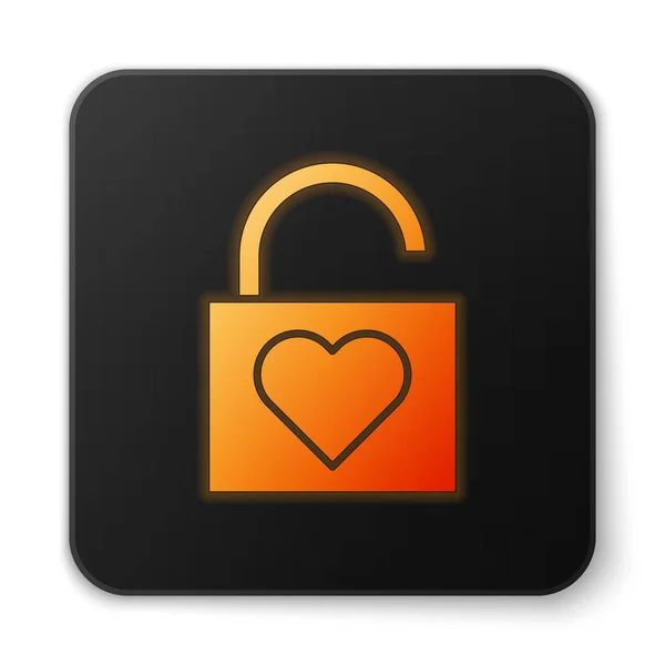 Oranje gloeiende neon Lock en hart pictogram geïsoleerd op witte achtergrond. Vergrendeld hart. Liefdessymbool en sleutelgat teken. Valentijnsdag symbool. Zwarte vierkante knop. Vector Illustratie — Stockvector