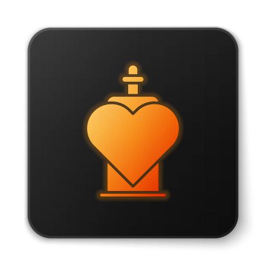 Beyaz arka planda izole edilmiş aşk ikonu ikonu içeren turuncu, parlak neon şişe. Sevgililer Günü sembolü. Siyah kare düğme. Vektör İllüstrasyonu