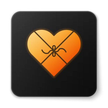 Kalp şeklinde kutuda parlayan turuncu neon şeker ve beyaz arka planda izole edilmiş yay ikonu. Sevgililer Günü. Siyah kare düğme. Vektör İllüstrasyonu