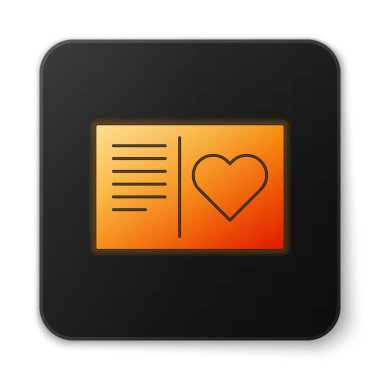 Beyaz arka planda izole edilmiş kalp ikonu olan turuncu parlak neon renkli sevgililer günü broşürü. Kutlama için davetiye ya da tebrik kartı şablonu. Siyah kare düğme. Vektör İllüstrasyonu