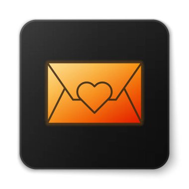 Beyaz arka planda izole edilmiş sevgililer günü kalp ikonu olan turuncu parlak neon renkli zarf. Mesaj aşkım. Aşk ve romantizm mektubu. Siyah kare düğme. Vektör İllüstrasyonu