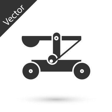 Gri, eski, ortaçağ ahşap mancınıklı taş fırlatma ikonu beyaz arka planda izole edilmiş. Vektör İllüstrasyonu