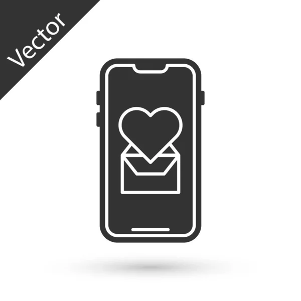 Teléfono móvil gris con icono del corazón aislado sobre fondo blanco. Día de San Valentín. Ilustración vectorial — Vector de stock