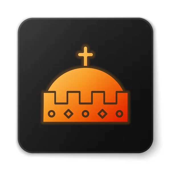 Orange glowing neon King crown icon isolated on white background. Black square button. Vector Illustration — 스톡 벡터