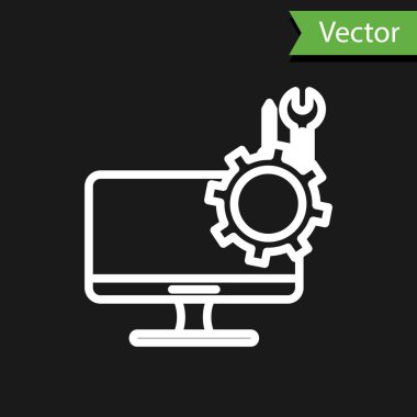 Siyah arkaplanda beyaz çizgi bilgisayar monitörü ve anahtar simgesi var. Ayarlama, servis, ayar, bakım, onarım. Vektör İllüstrasyonu