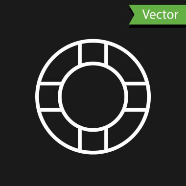 Beyaz çizgi Lifebuoy simgesi siyah arkaplanda izole edildi. Can simidi sembolü. Vektör İllüstrasyonu