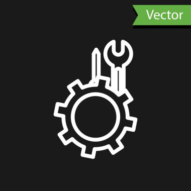 Siyah arkaplanda beyaz çizgi anahtarı ve vites simgesi olan tornavida izole edilmiş. Ayarlama, servis, ayar, bakım, onarım, onarım. Vektör İllüstrasyonu
