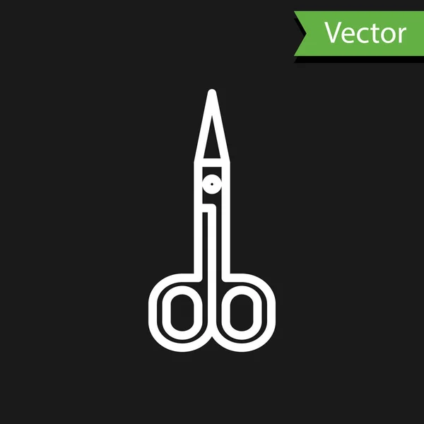 Icono de tijeras de línea blanca aislado sobre fondo negro. Señal de herramientas de corte. Ilustración vectorial — Vector de stock