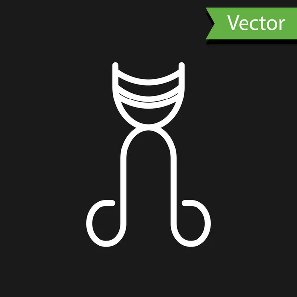 Línea blanca Icono de rizador de pestañas aislado sobre fondo negro. Señal de maquillaje. Ilustración vectorial — Vector de stock