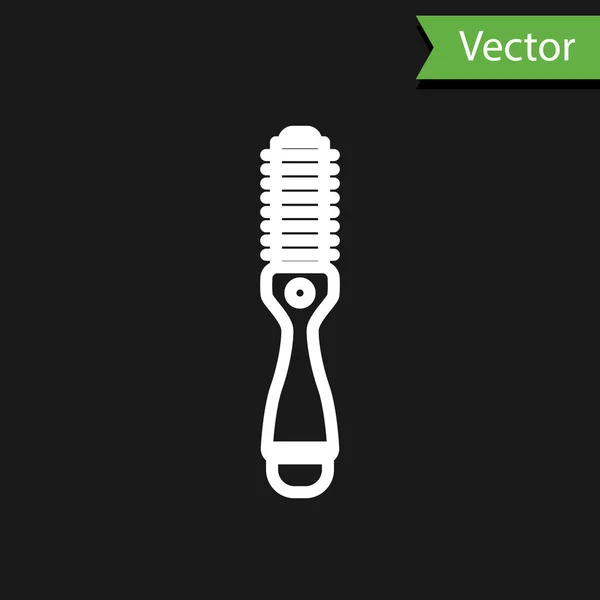 Línea blanca Icono del secador de pelo aislado sobre fondo negro. Señal de secador de pelo. Símbolo de secado. Soplando aire caliente. Ilustración vectorial — Vector de stock