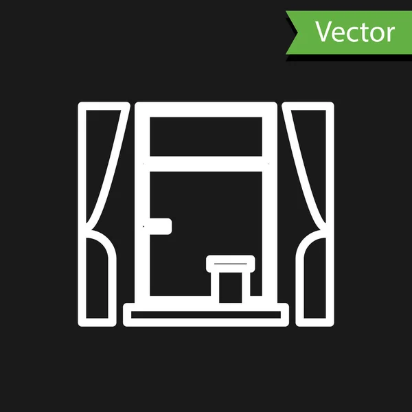 Línea blanca Ventana con cortinas en el icono de la habitación aislada sobre fondo negro. Ilustración vectorial — Vector de stock
