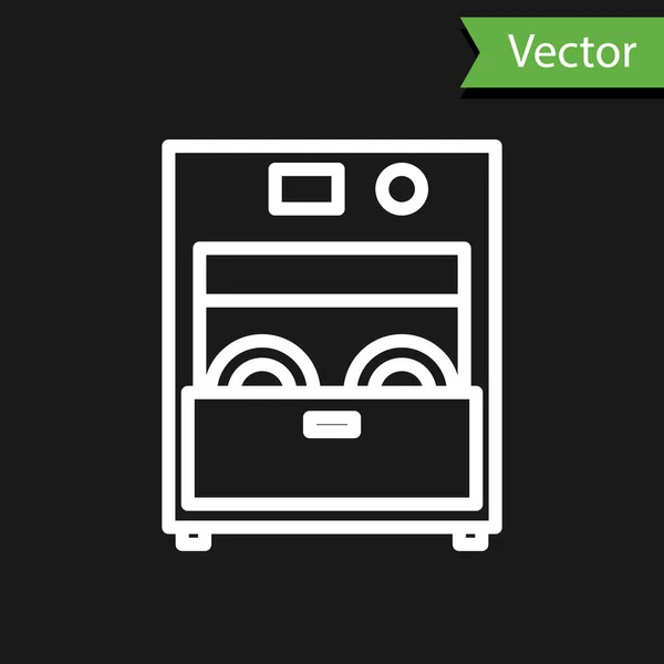 Línea blanca Cocina lavavajillas icono de la máquina aislado sobre fondo negro. Ilustración vectorial — Vector de stock