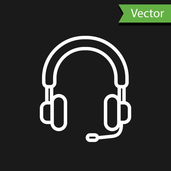 Icono de auriculares de línea blanca aislado sobre fondo negro. Auriculares. Concepto para escuchar música, servicio, comunicación y operador. Ilustración vectorial — Vector de stock