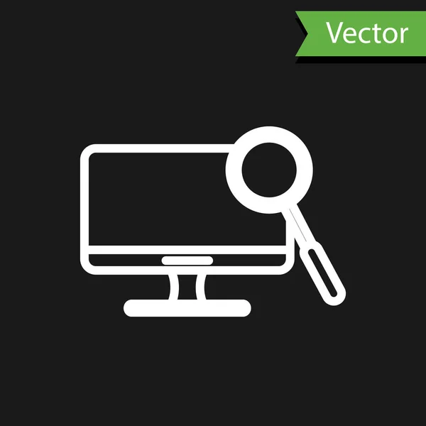 Weiße Linie Computermonitor Diagnose-Symbol isoliert auf schwarzem Hintergrund. Anpassung von App, Service, Einstellungsmöglichkeiten, Wartung, Reparatur. Vektorillustration — Stockvektor