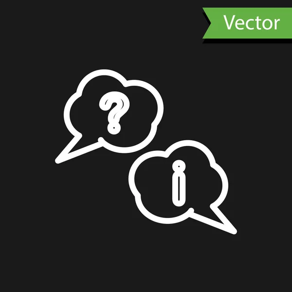 Línea blanca Burbujas de voz con icono de pregunta y exclamación aislado sobre fondo negro. Signo FAQ. Copia archivos, charla burbuja de voz y gráfico. Ilustración vectorial — Vector de stock