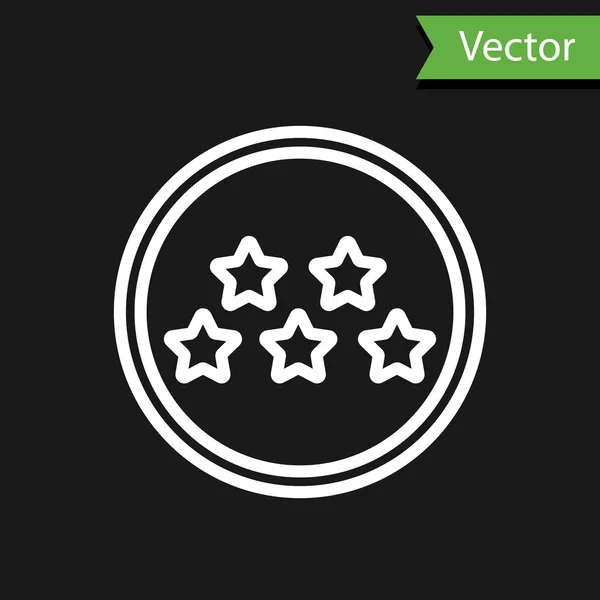 Línea blanca Cinco estrellas de calificación del producto del cliente icono de revisión aislado sobre fondo negro. Favorito, mejor calificación, símbolo de premio. Ilustración vectorial — Vector de stock
