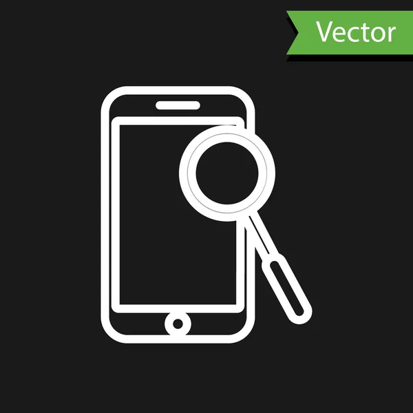 Beyaz çizgi cep telefonu tanılama simgesi siyah arkaplanda izole edildi. Uygulama, servis, ayar seçenekleri, bakım, onarım, onarım. Vektör İllüstrasyonu — Stok Vektör