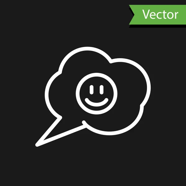 Línea blanca Burbuja de voz con icono de la cara sonrisa aislado sobre fondo negro. Emoticono sonriente. Feliz símbolo de chat sonriente. Ilustración vectorial — Vector de stock