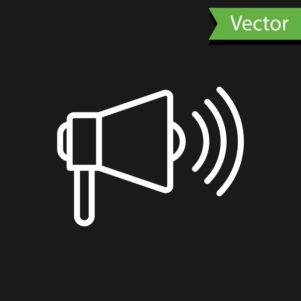 Weiße Linie Megafon-Symbol isoliert auf schwarzem Hintergrund. Lautsprecheralarm. Stierhorn für Mundstück Schreiförderung. Vektorillustration — Stockvektor