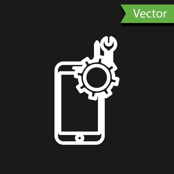 Línea blanca Teléfono móvil con destornillador e icono de llave inglesa aislado sobre fondo negro. Ajuste, servicio, ajuste, mantenimiento, reparación. Ilustración vectorial — Vector de stock