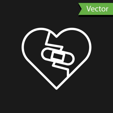 Kırık kalbi iyileştiren beyaz çizgi ya da siyah arka planda izole edilmiş boşanma ikonu. Parçalanmış ve kalbi yamalanmış. Aşk sembolü. Sevgililer Günü. Vektör İllüstrasyonu