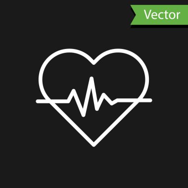 Beyaz çizgi kalp atış hızı simgesi siyah arkaplanda izole edildi. Kalp atışı işareti. Kalp atışı ikonu. Kardiyogram simgesi. Vektör İllüstrasyonu