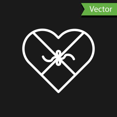 Beyaz çizgi Şeker kalp şeklinde kutu ve yay simgesi siyah arka plan üzerinde izole. Sevgililer Günü. Vektör İllüstrasyonu