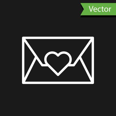 Siyah arka plan üzerinde izole Valentine kalp simgesi ile Beyaz çizgi Zarf. Mesaj aşk. Mektup aşk ve romantizm. Vektör İllüstrasyonu