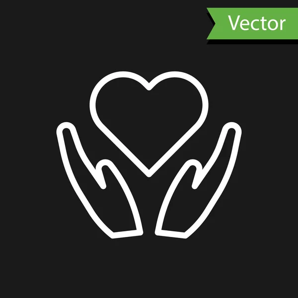 Línea blanca Icono corazón a mano aislado sobre fondo negro. Mano dando símbolo de amor. Símbolo de San Valentín. Ilustración vectorial — Vector de stock