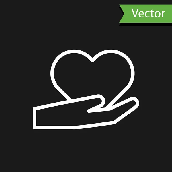 White line Heart on hand icon isolated on black background. Hand giving love symbol. Valentines day symbol. Vector Illustration — 스톡 벡터