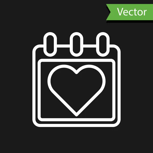 Weiße Linie Kalender mit Herz-Symbol isoliert auf schwarzem Hintergrund. Valentinstag. Liebessymbol. februar 14. vektorillustration — Stockvektor
