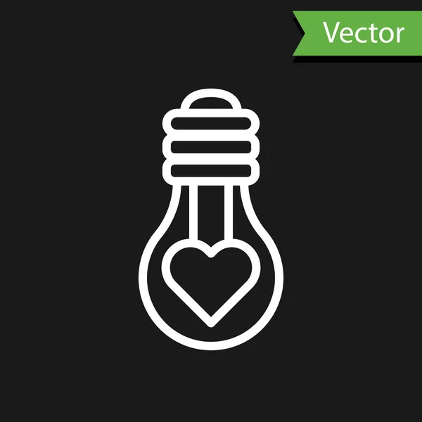 Weiße Linie Herzform in einem Glühbirnen-Symbol isoliert auf schwarzem Hintergrund. Liebessymbol. Valentinstag-Symbol. Vektorillustration — Stockvektor