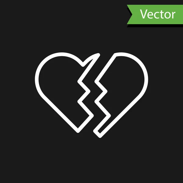 Línea blanca Corazón roto o icono de divorcio aislado sobre fondo negro. Símbolo de amor. Día de San Valentín. Ilustración vectorial — Vector de stock