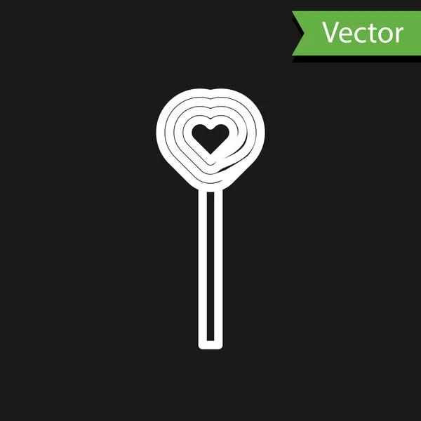 Witte lijn Lollipop pictogram geïsoleerd op zwarte achtergrond. Snoepjesteken. Eten, heerlijk symbool. Valentijnsdag. Liefdessymbool. Vector Illustratie — Stockvector