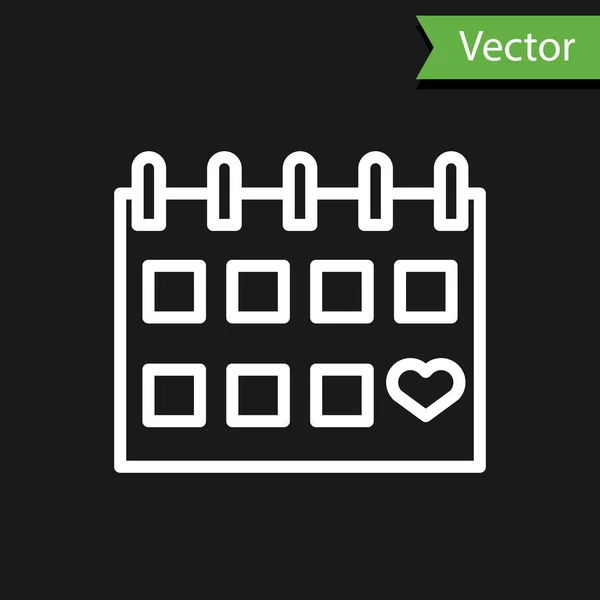 Ligne blanche Calendrier avec icône de coeur isolé sur fond noir. Saint Valentin. Symbole d'amour. Le 14 février. Illustration vectorielle — Image vectorielle