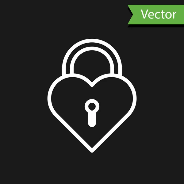 Witte lijn kasteel in de vorm van een hart pictogram geïsoleerd op zwarte achtergrond. Vergrendelde hart. Liefde symbool en Keyhole teken. Vector illustratie — Stockvector