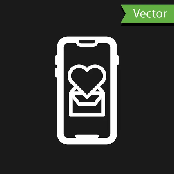 Weiße Linie Mobiltelefon mit Herz-Symbol isoliert auf schwarzem Hintergrund. Valentinstag. Vektorillustration — Stockvektor