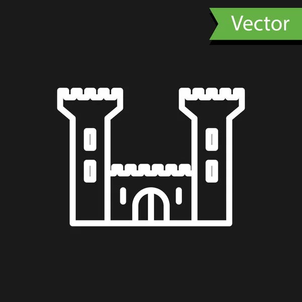 Icona del Castello a linea bianca isolata su sfondo nero. Segno della fortezza. Illustrazione vettoriale — Vettoriale Stock