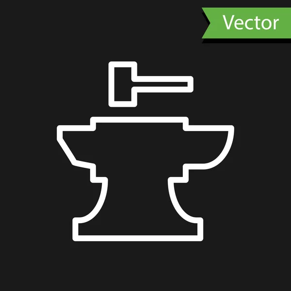 Ligne blanche Enclume pour forge et icône marteau isolé sur fond noir. Forgeage de métal. Outil de forge. Illustration vectorielle — Image vectorielle