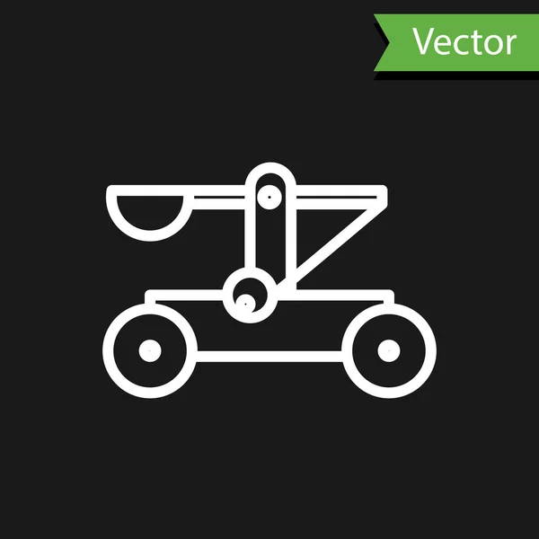 Linha branca Velha catapulta de madeira medieval atirando pedras ícone isolado no fundo preto. Ilustração vetorial — Vetor de Stock