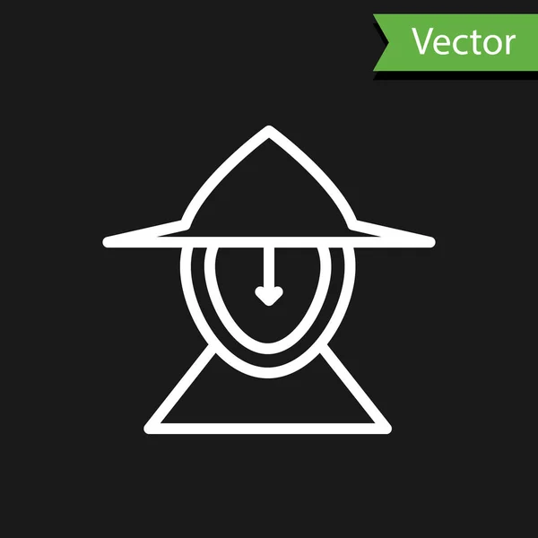 Weiße Linie mittelalterlichen Eisenhelm für Kopfschutz Symbol isoliert auf schwarzem Hintergrund. Vektorillustration — Stockvektor